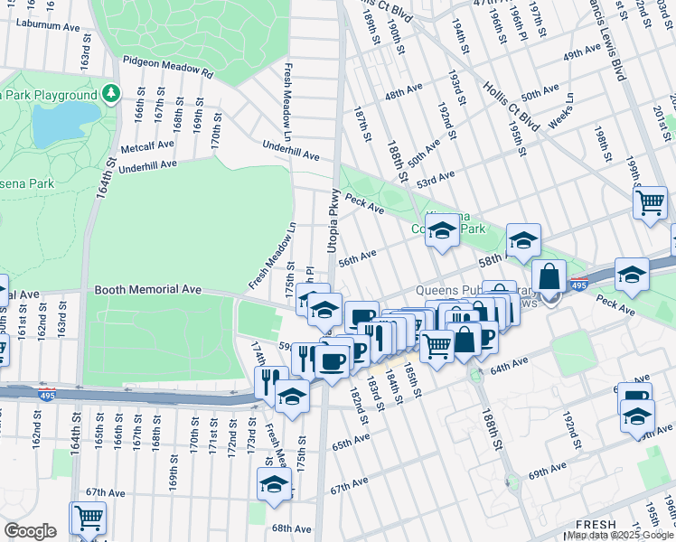 map of restaurants, bars, coffee shops, grocery stores, and more near 56-3 Utopia Parkway in Queens