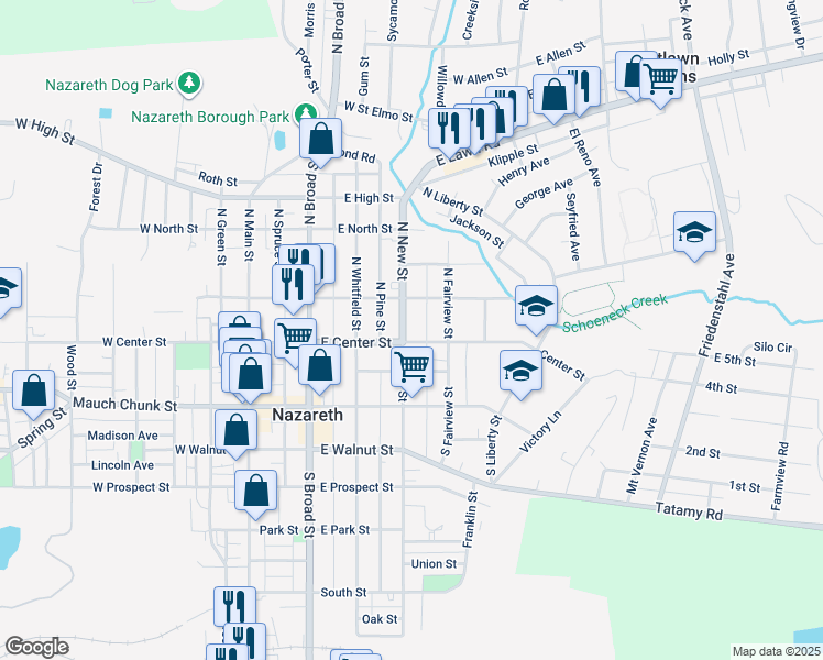 map of restaurants, bars, coffee shops, grocery stores, and more near 305 East Center Street in Nazareth