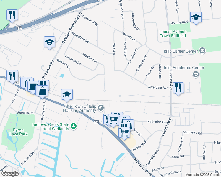 map of restaurants, bars, coffee shops, grocery stores, and more near 142 Yale Avenue in Oakdale