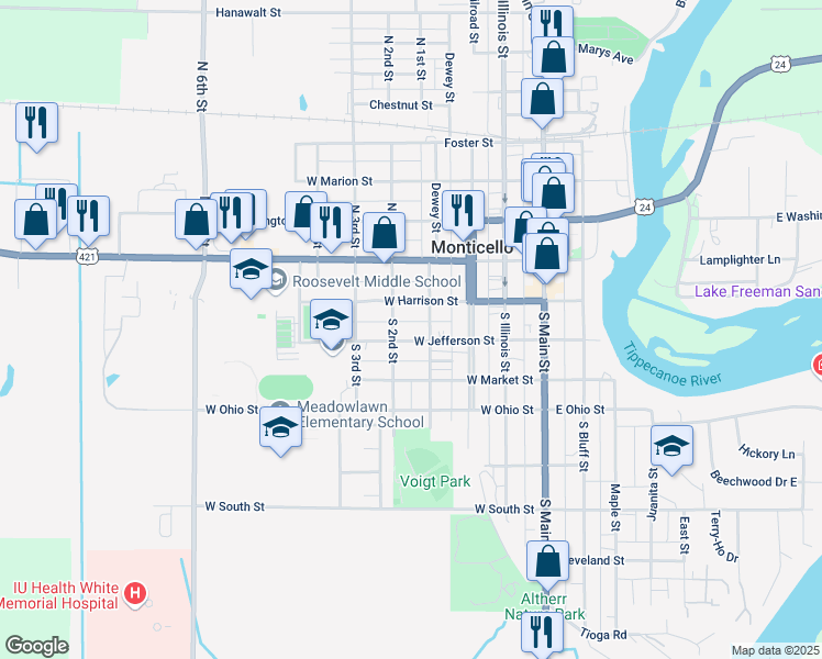 map of restaurants, bars, coffee shops, grocery stores, and more near 201-299 S 2nd St in Monticello