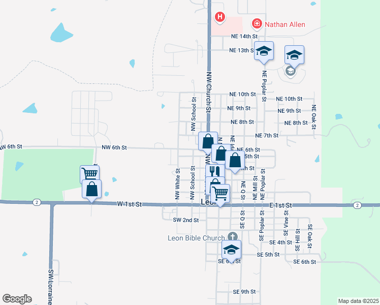 map of restaurants, bars, coffee shops, grocery stores, and more near 301-399 Northwest 6th Street in Leon