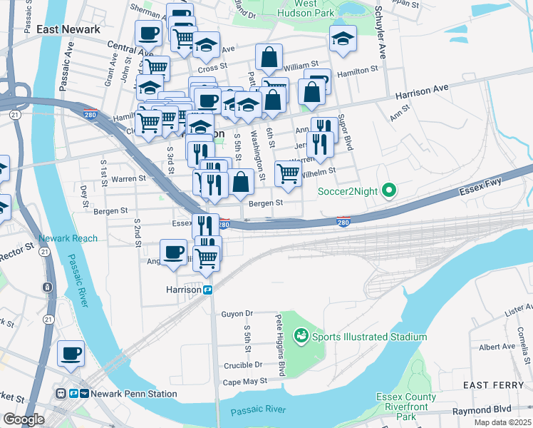 map of restaurants, bars, coffee shops, grocery stores, and more near 504 Essex Street in Harrison