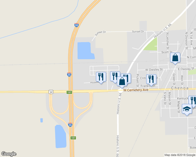 map of restaurants, bars, coffee shops, grocery stores, and more near 505 Hoselton Drive in Chenoa