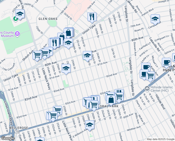 map of restaurants, bars, coffee shops, grocery stores, and more near 81-14 262nd Street in Queens