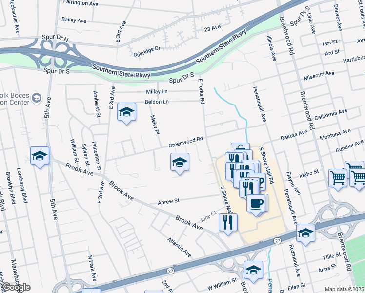 map of restaurants, bars, coffee shops, grocery stores, and more near 64 Greenwood Road in Bay Shore