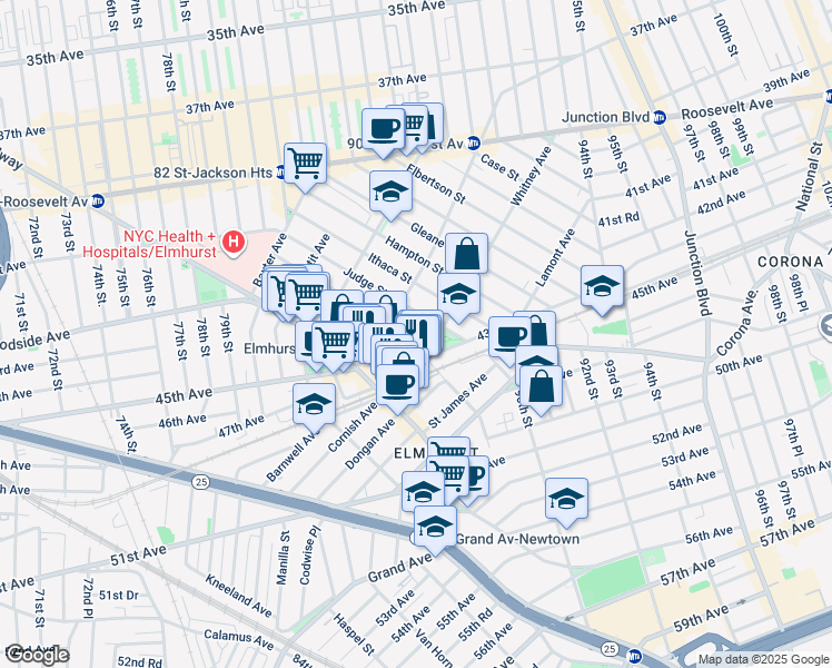 map of restaurants, bars, coffee shops, grocery stores, and more near 43-38 Judge Street in Queens