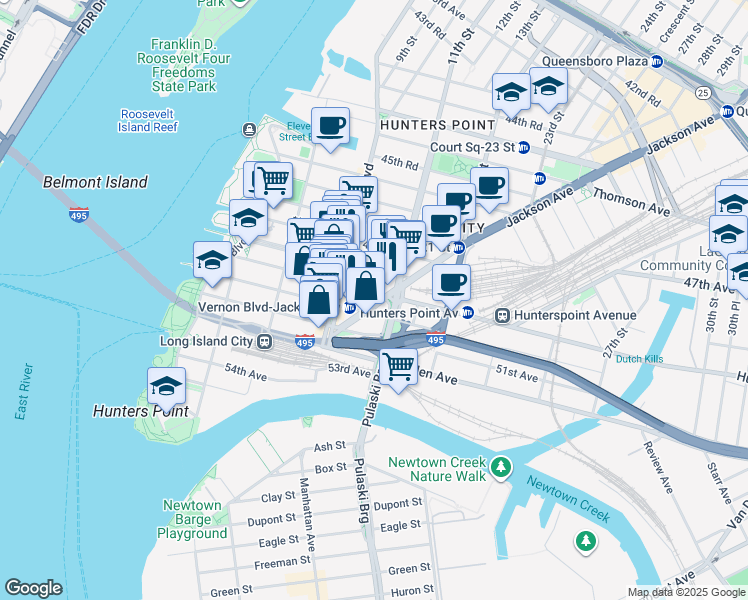 map of restaurants, bars, coffee shops, grocery stores, and more near 10-22 49th Avenue in Queens
