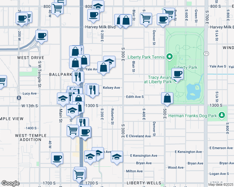 map of restaurants, bars, coffee shops, grocery stores, and more near 263 Edith Avenue South in Salt Lake City