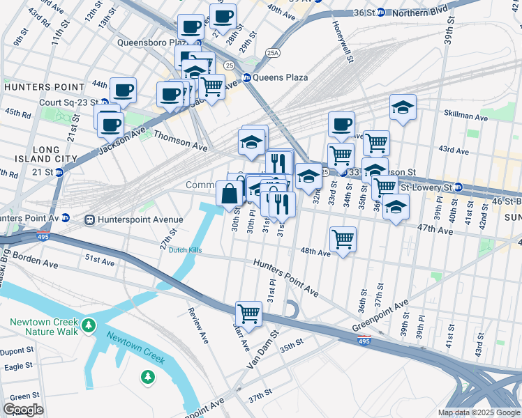 map of restaurants, bars, coffee shops, grocery stores, and more near 30 47th Avenue in Queens