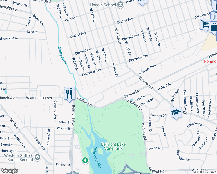 map of restaurants, bars, coffee shops, grocery stores, and more near 313 Erlanger Boulevard in North Babylon
