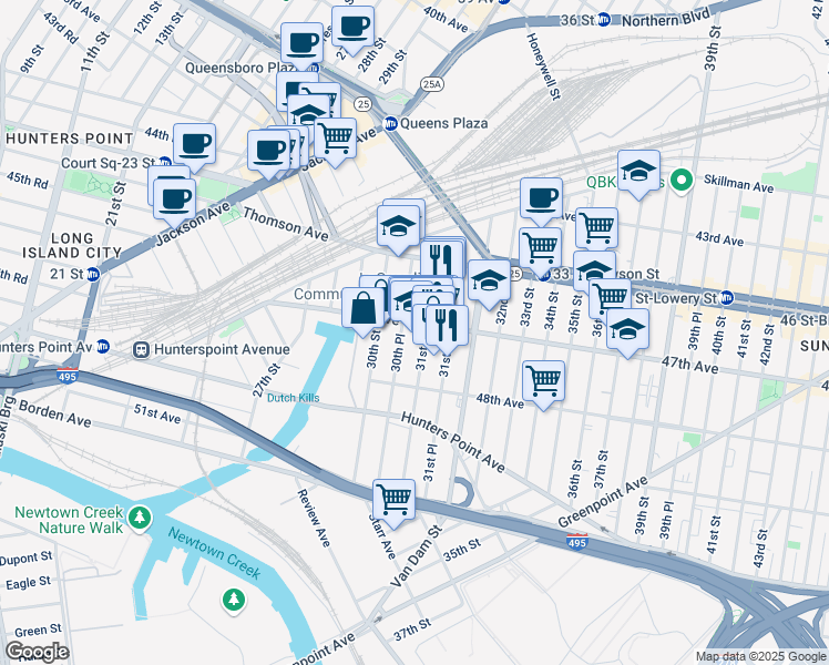 map of restaurants, bars, coffee shops, grocery stores, and more near 30 47th Avenue in Queens
