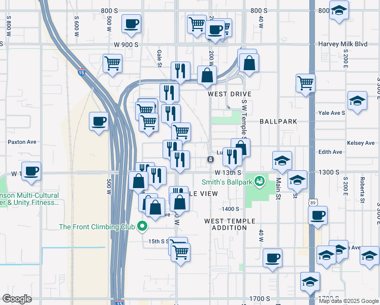 map of restaurants, bars, coffee shops, grocery stores, and more near 258 West Lucy Avenue in Salt Lake City
