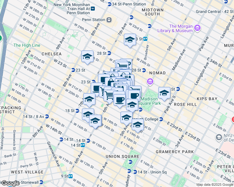 map of restaurants, bars, coffee shops, grocery stores, and more near 71 West 23 Street in New York