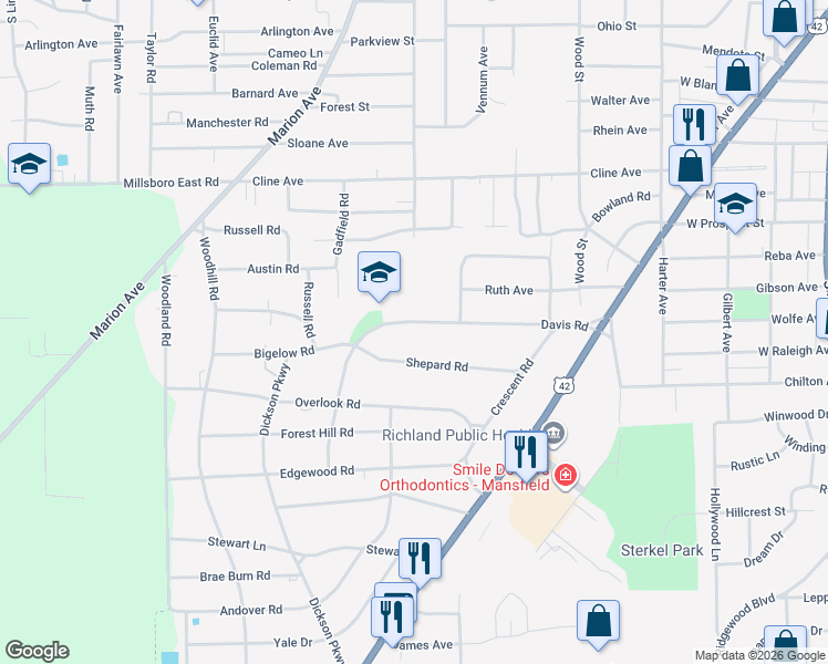 map of restaurants, bars, coffee shops, grocery stores, and more near 441 Davis Road in Mansfield
