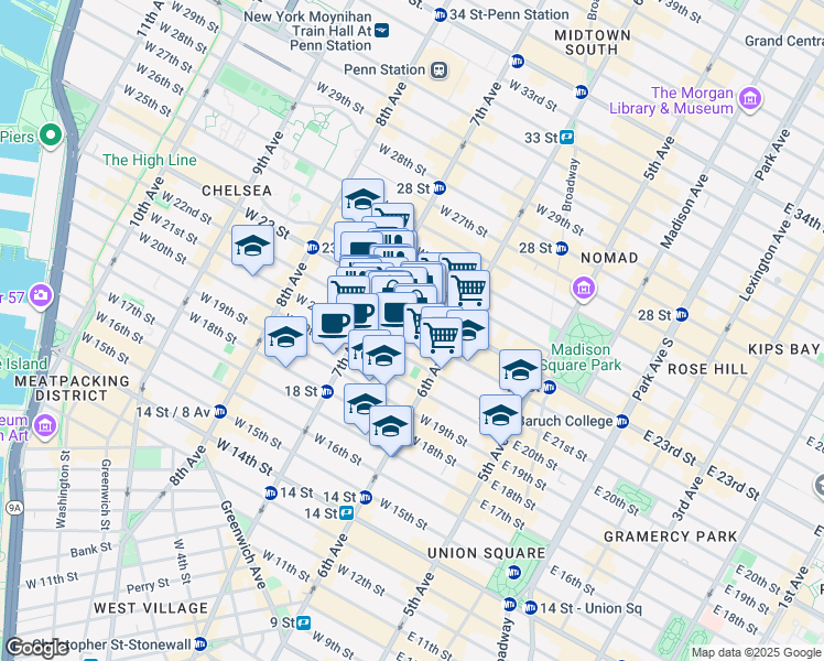 map of restaurants, bars, coffee shops, grocery stores, and more near 147 West 22nd Street in New York