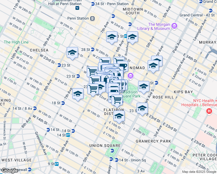 map of restaurants, bars, coffee shops, grocery stores, and more near 19 West 24th Street in New York