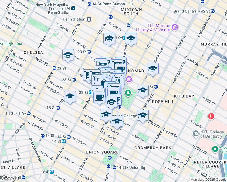 map of restaurants, bars, coffee shops, grocery stores, and more near 9 West 24th Street in New York