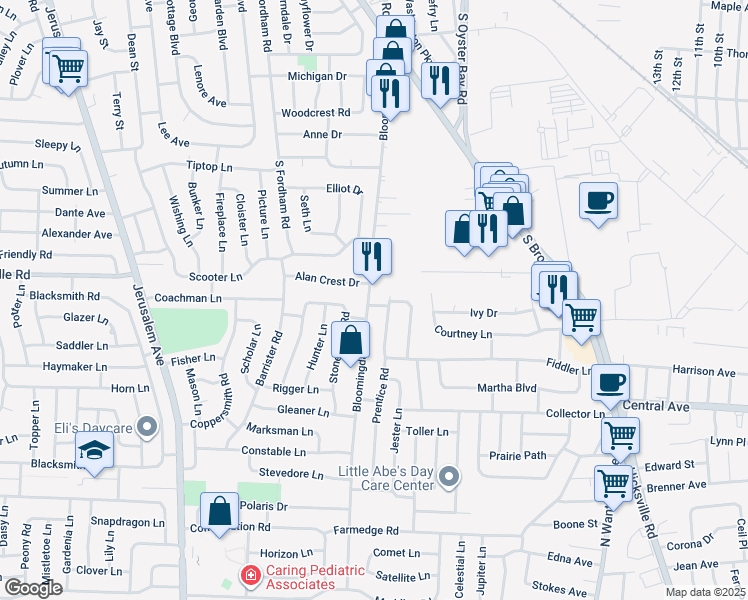 map of restaurants, bars, coffee shops, grocery stores, and more near 1 Carter Lane in Levittown