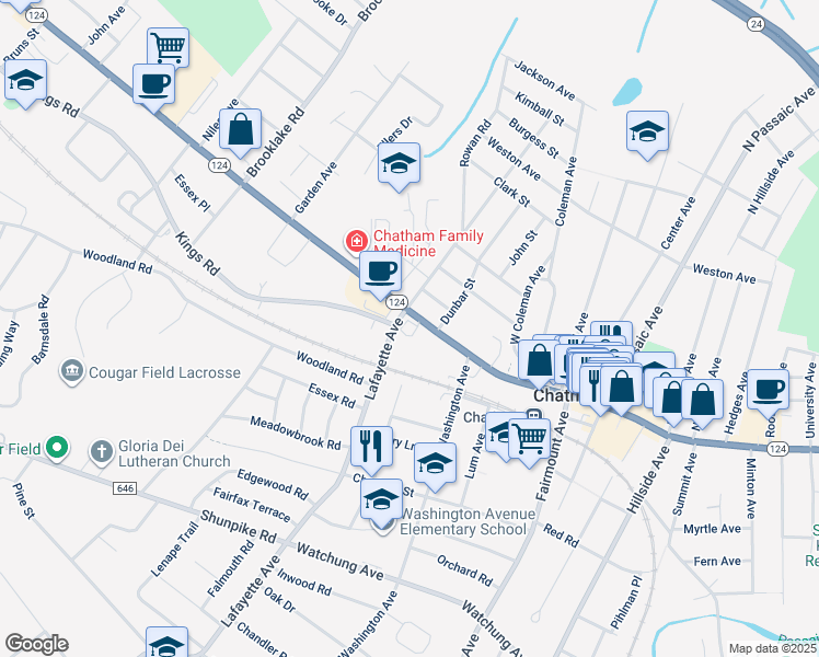 map of restaurants, bars, coffee shops, grocery stores, and more near 425 Main Street in Chatham