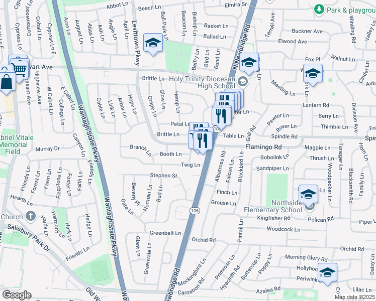 map of restaurants, bars, coffee shops, grocery stores, and more near 41 Booth Lane in Levittown