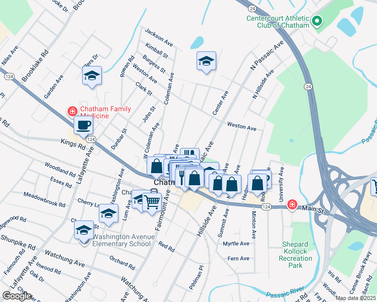 map of restaurants, bars, coffee shops, grocery stores, and more near 61 Center Street in Chatham Township