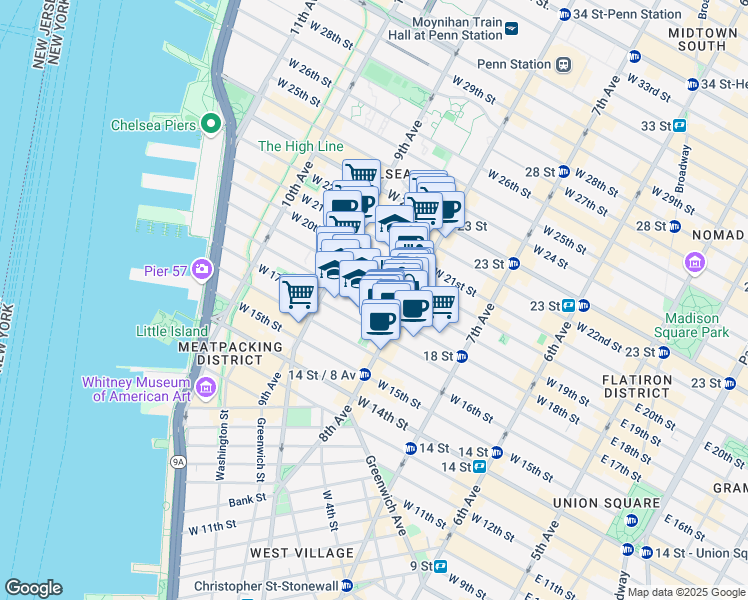 map of restaurants, bars, coffee shops, grocery stores, and more near in New York