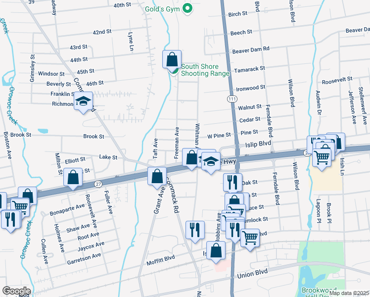 map of restaurants, bars, coffee shops, grocery stores, and more near 19 Cornell Street in Islip