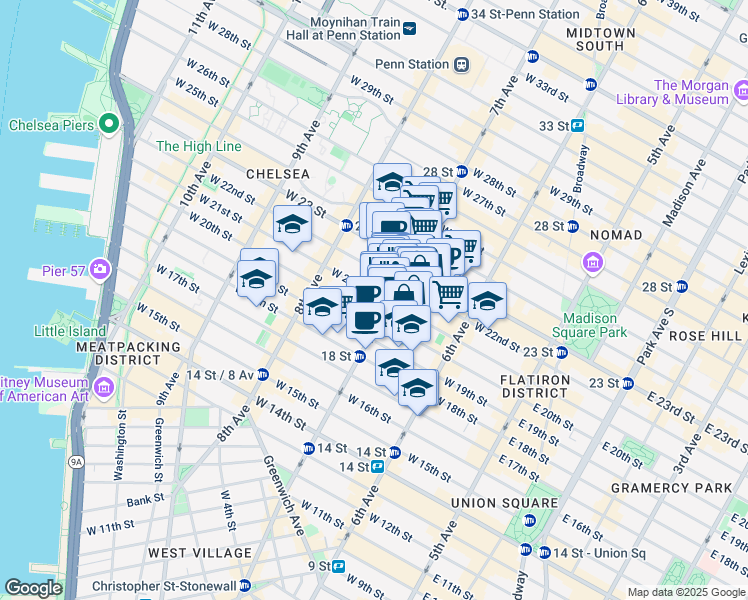 map of restaurants, bars, coffee shops, grocery stores, and more near in New York