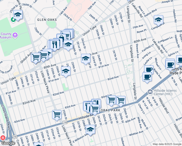 map of restaurants, bars, coffee shops, grocery stores, and more near 81-14 262nd Street in Queens