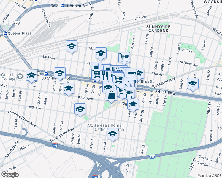 map of restaurants, bars, coffee shops, grocery stores, and more near 45-14 43rd Street in Queens