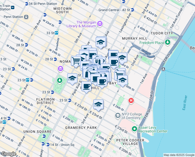 map of restaurants, bars, coffee shops, grocery stores, and more near 133 East 29th Street in New York