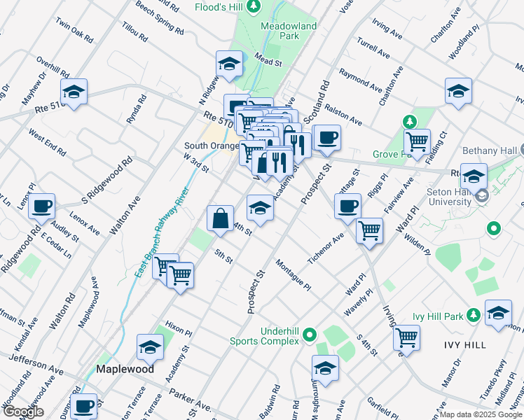 map of restaurants, bars, coffee shops, grocery stores, and more near 103 3rd Street in South Orange