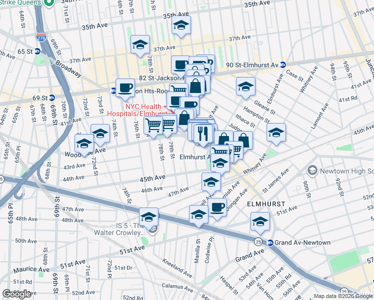 map of restaurants, bars, coffee shops, grocery stores, and more near 42-25 80th Street in Queens