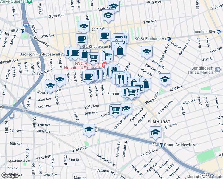 map of restaurants, bars, coffee shops, grocery stores, and more near 42-25 80th Street in Queens