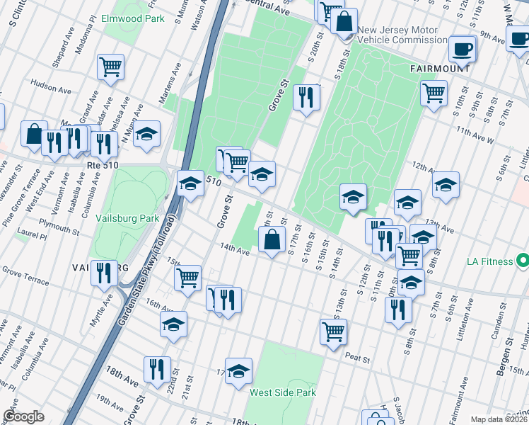 map of restaurants, bars, coffee shops, grocery stores, and more near 411 South 19th Street in Newark