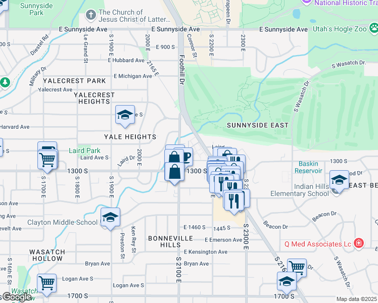 map of restaurants, bars, coffee shops, grocery stores, and more near 1168 Foothill Drive in Salt Lake City