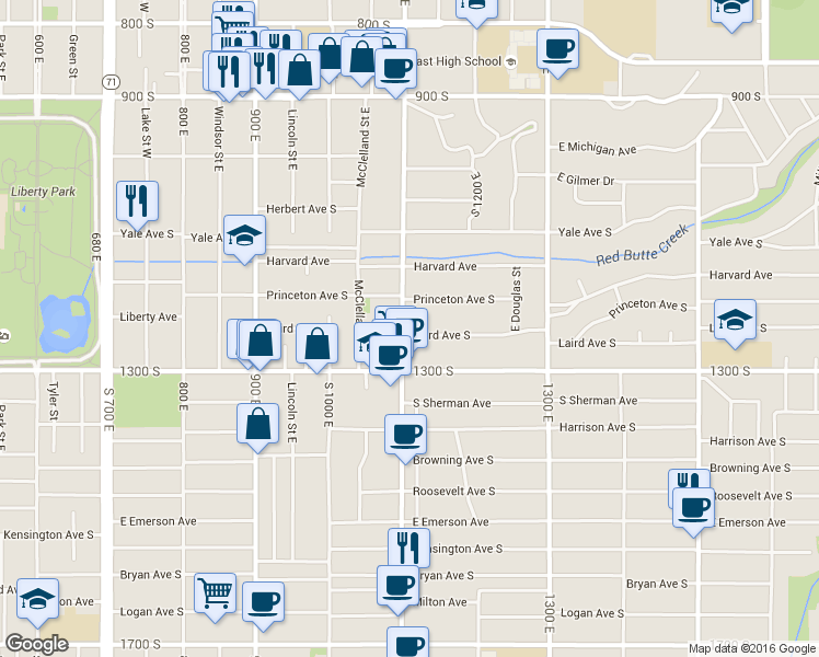 map of restaurants, bars, coffee shops, grocery stores, and more near 1183 1100 East in Salt Lake City