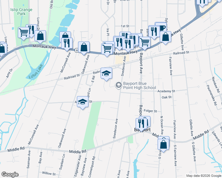 map of restaurants, bars, coffee shops, grocery stores, and more near 200 Snedecor Avenue in Bayport