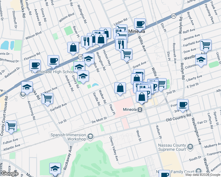 map of restaurants, bars, coffee shops, grocery stores, and more near 160 Marcellus Road in Mineola