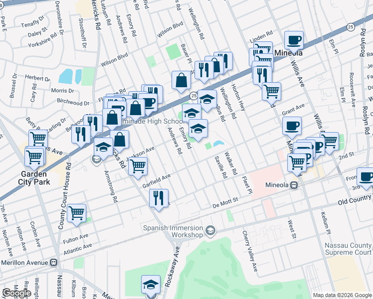 map of restaurants, bars, coffee shops, grocery stores, and more near 201 Emory Road in Mineola