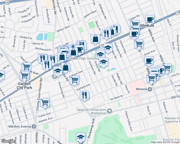 map of restaurants, bars, coffee shops, grocery stores, and more near 212 Latham Road in Mineola
