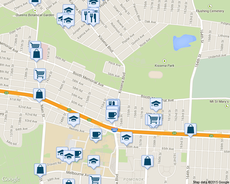 map of restaurants, bars, coffee shops, grocery stores, and more near 153-20 Booth Memorial Avenue in Queens