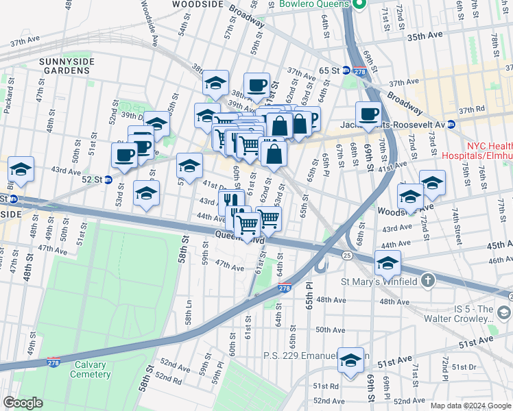 map of restaurants, bars, coffee shops, grocery stores, and more near in Queens