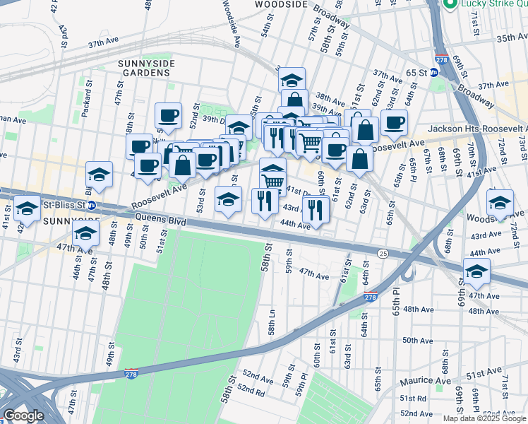 map of restaurants, bars, coffee shops, grocery stores, and more near 43-5 57th Street in Queens