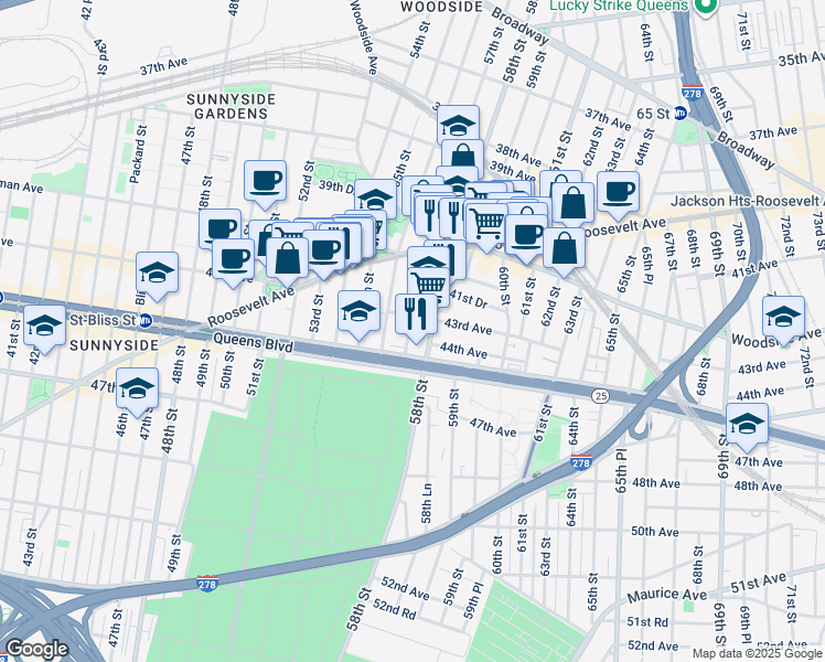 map of restaurants, bars, coffee shops, grocery stores, and more near 43-5 57th Street in Queens