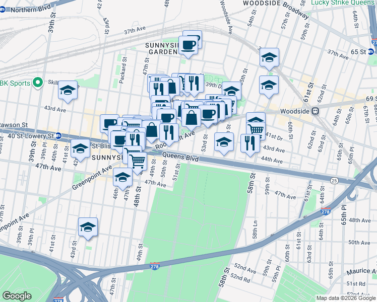 map of restaurants, bars, coffee shops, grocery stores, and more near in Queens