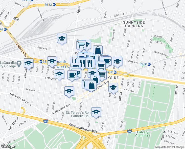 map of restaurants, bars, coffee shops, grocery stores, and more near 41-02 Queens Boulevard in Queens