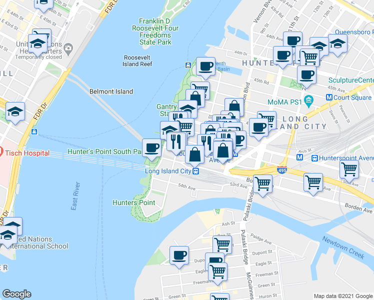 map of restaurants, bars, coffee shops, grocery stores, and more near 2-35 51st Avenue in Queens