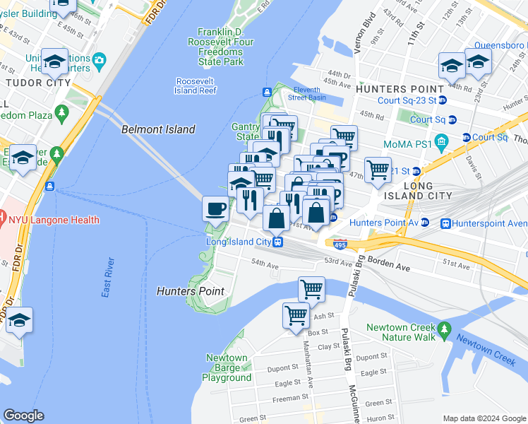 map of restaurants, bars, coffee shops, grocery stores, and more near 2-35 51st Avenue in Queens
