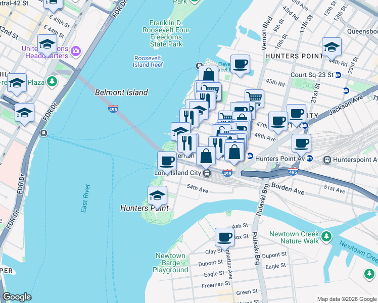 map of restaurants, bars, coffee shops, grocery stores, and more near in Queens